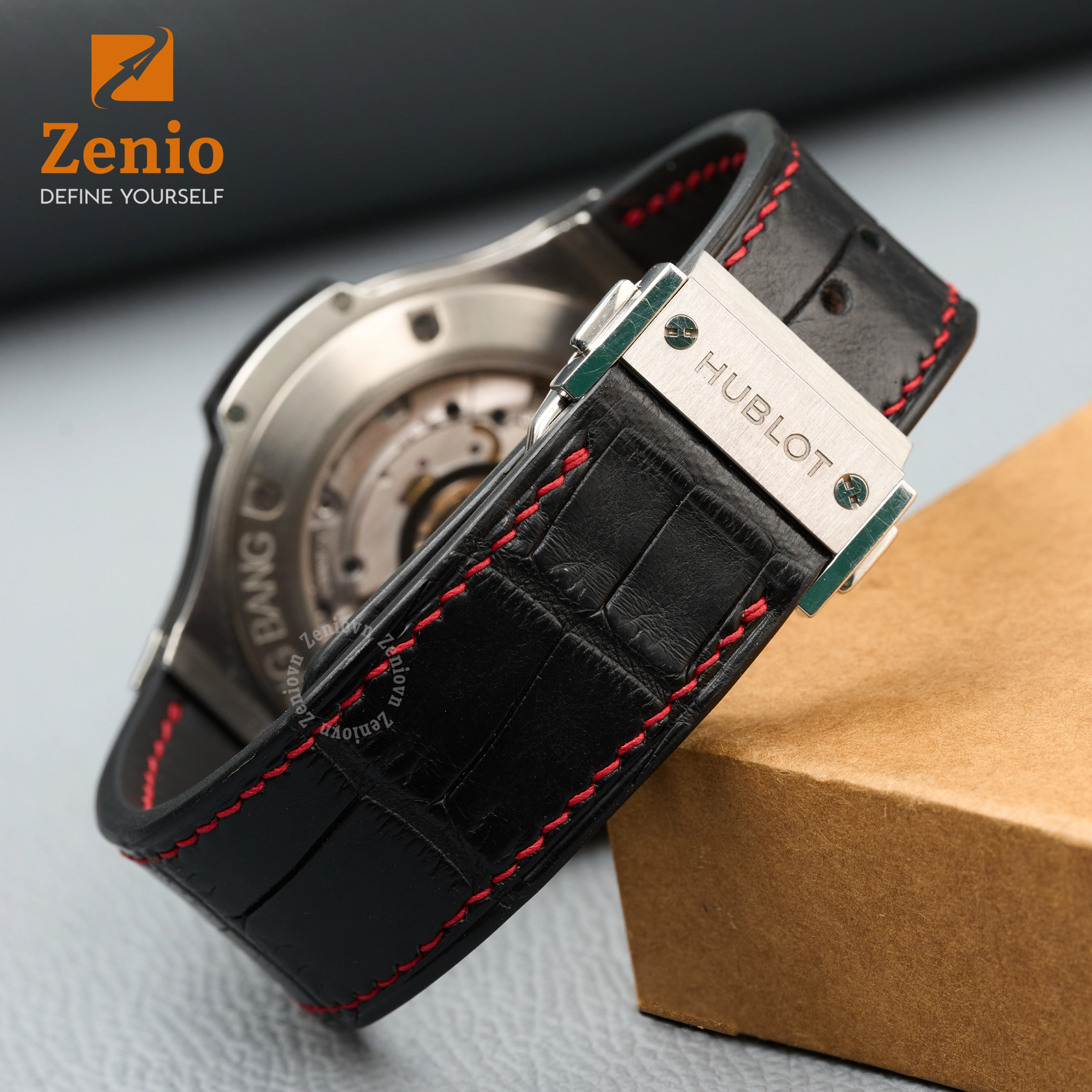 Dây đồng hồ Da cá sấu Màu Đen Chỉ Đỏ cho đồng hồ Hublot Big Bang (2)