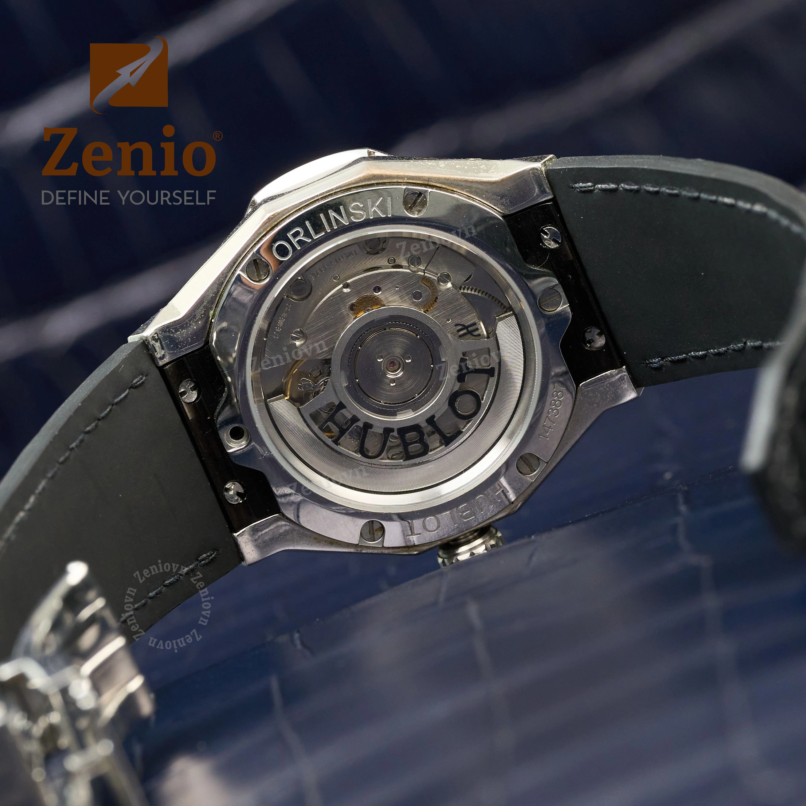 Dây đồng hồ Da cá sấu Màu Đen bóng lót FKM cho đồng hồ Hublot Orlinski (4)