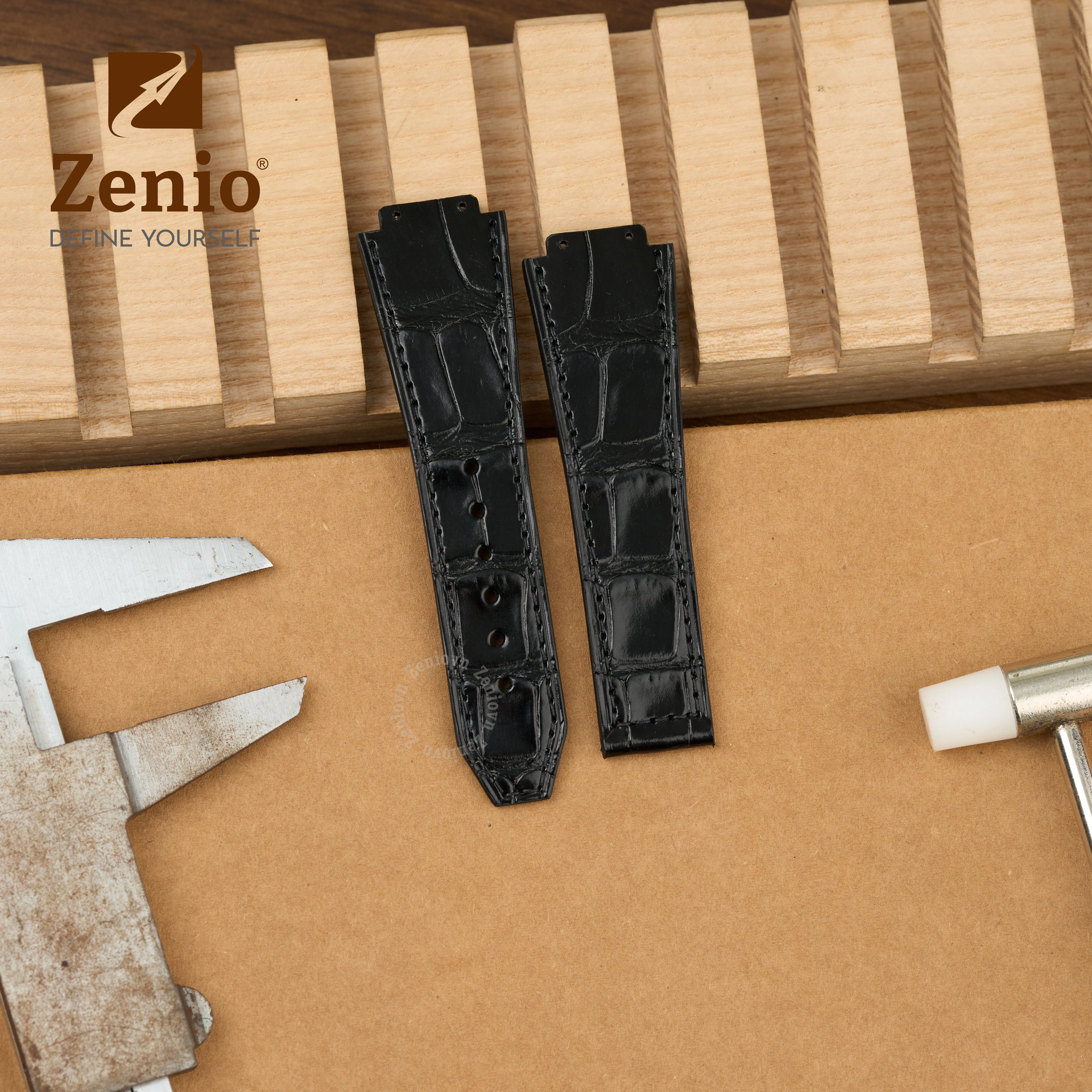 Dây đồng hồ Da cá sấu Màu Đen bóng lót FKM cho đồng hồ Hublot Orlinski