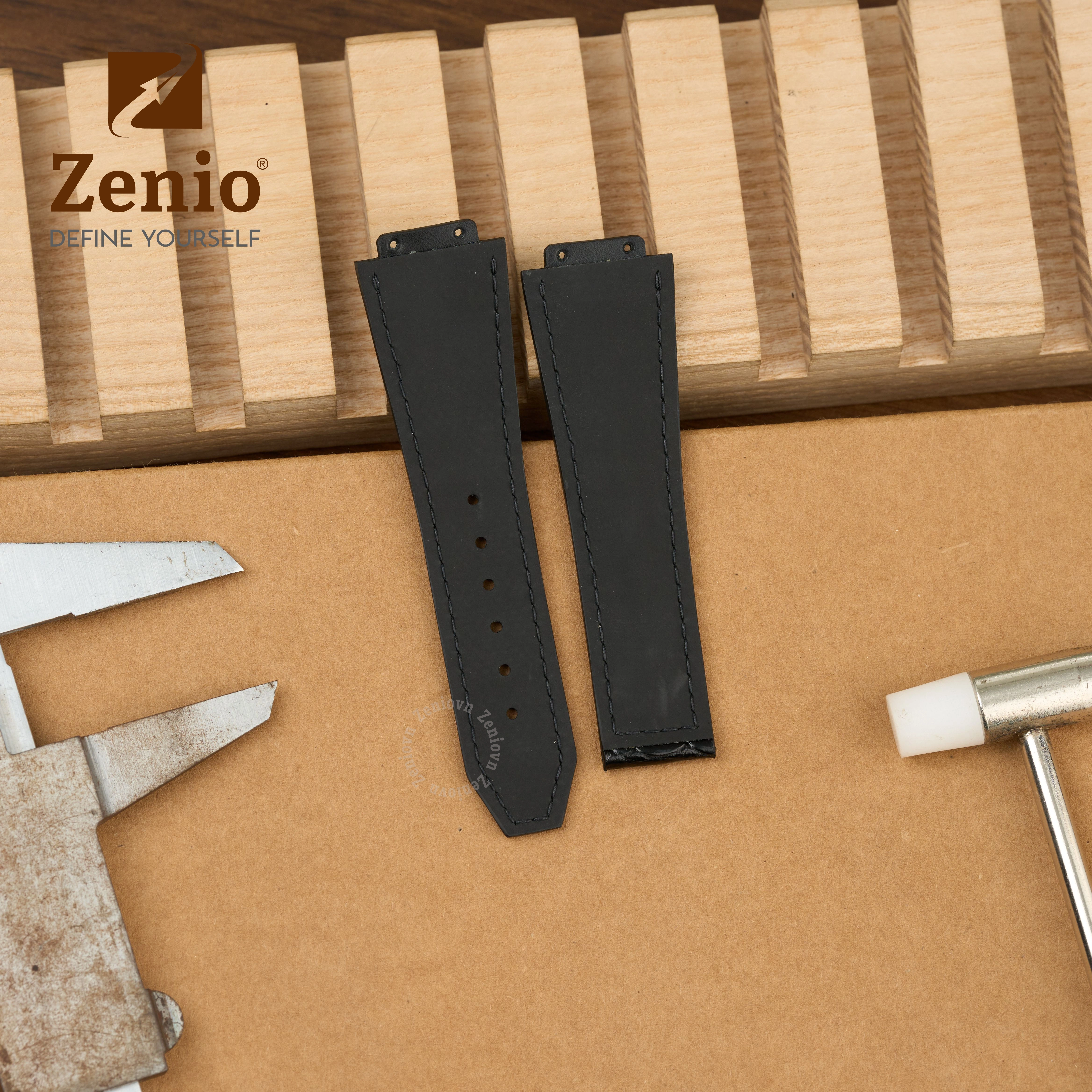 Dây đồng hồ Da cá sấu Màu Đen bóng lót FKM cho đồng hồ Hublot Orlinski (7)
