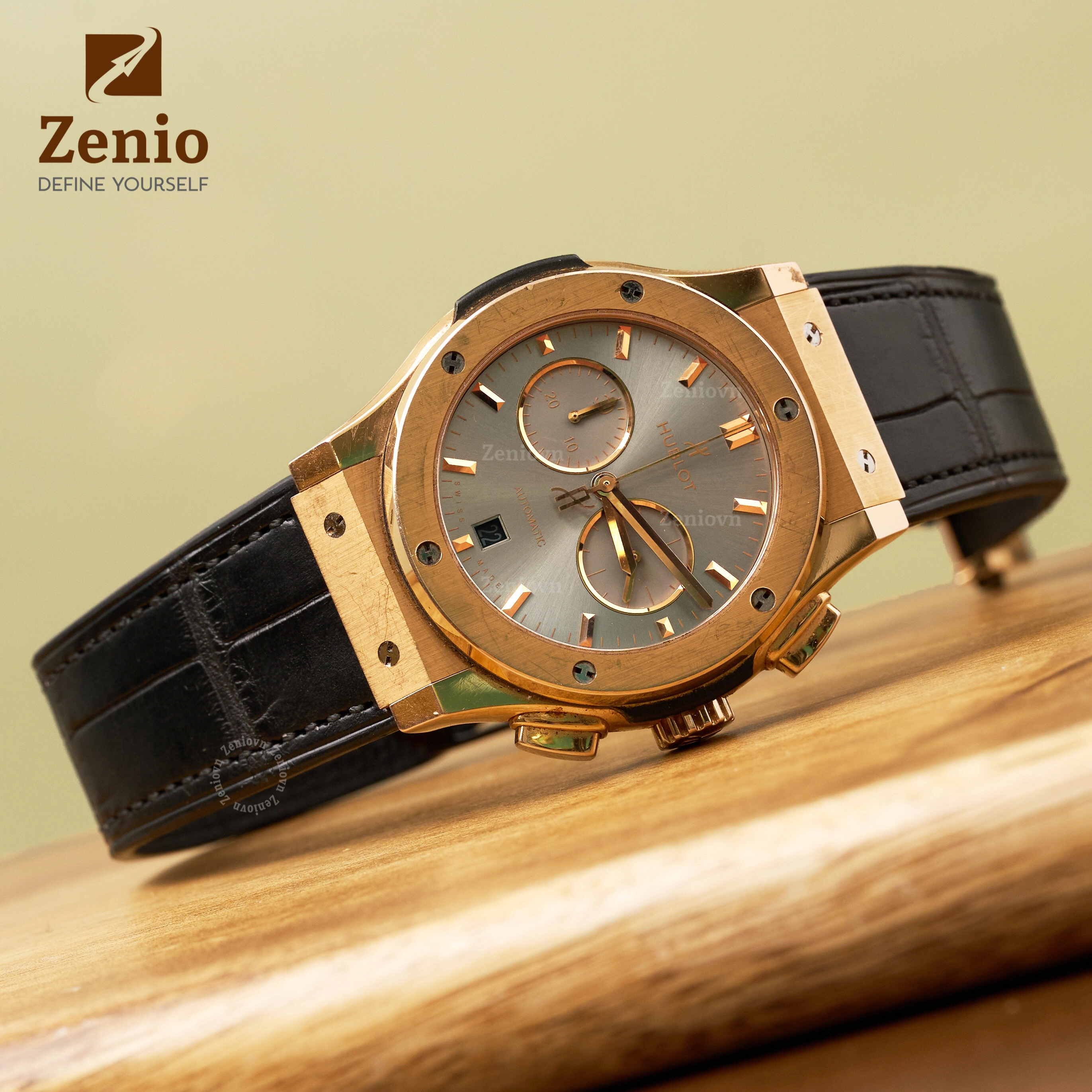Dây đồng hồ Da cá sấu Màu Đen lót Đen cho đồng hồ Hublot Fusion (1)