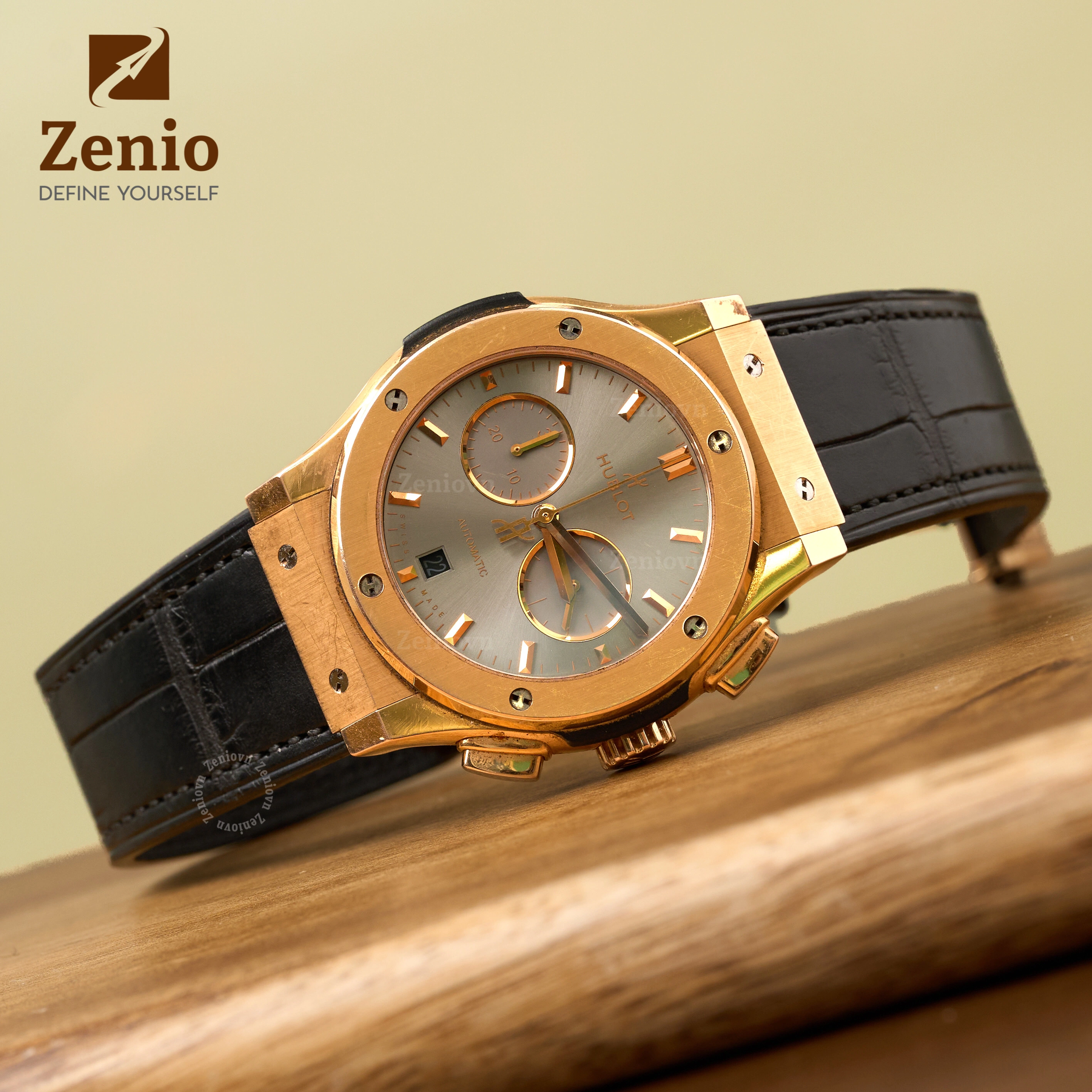 Dây đồng hồ Da cá sấu Màu Đen lót Đen cho đồng hồ Hublot Fusion (3)