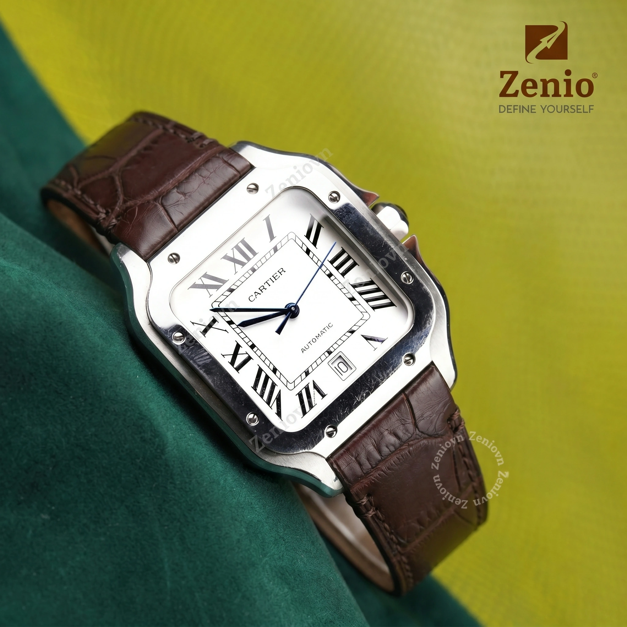 Dây đồng hồ Da cá sấu Màu Nâu Đậm thay thế cho Cartier Santos (1)