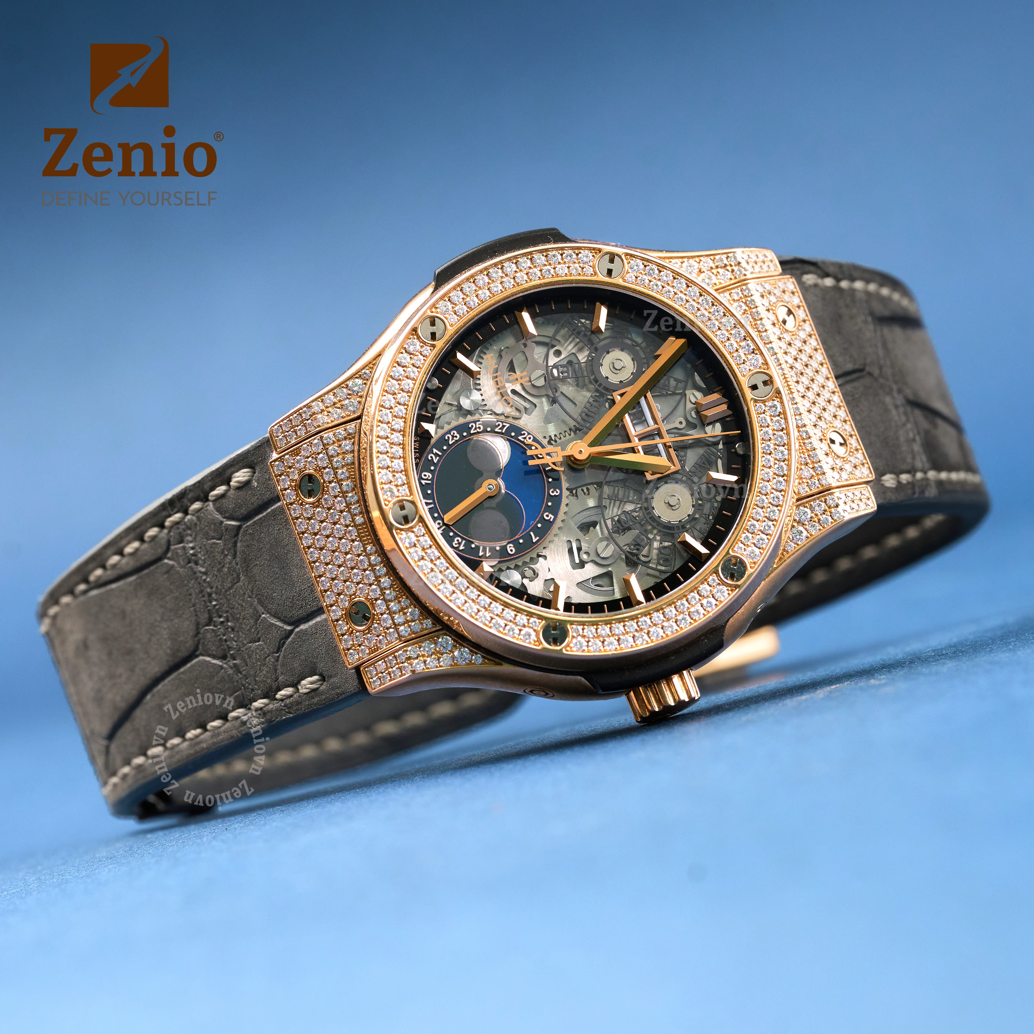 Dây đồng hồ Da cá sấu Màu Nubuck Xám cho đồng hồ Hublot Fusion (3)