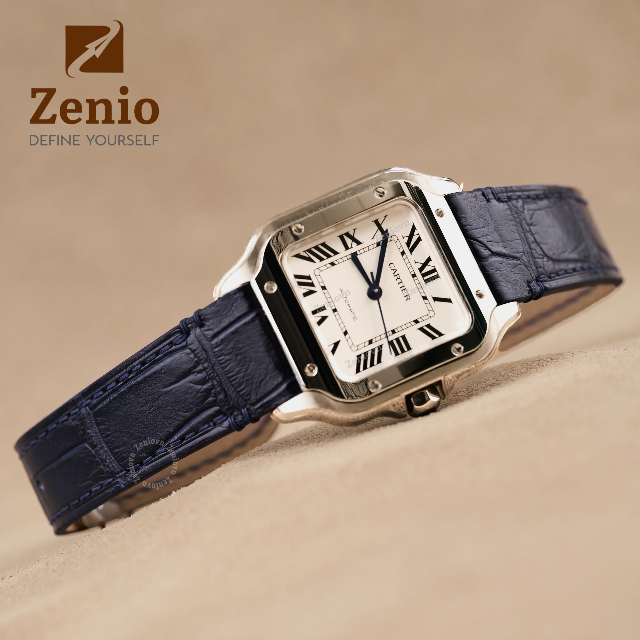 Dây đồng hồ Da cá sấu Màu Xanh Navy thay thế cho Cartier Santos (1)