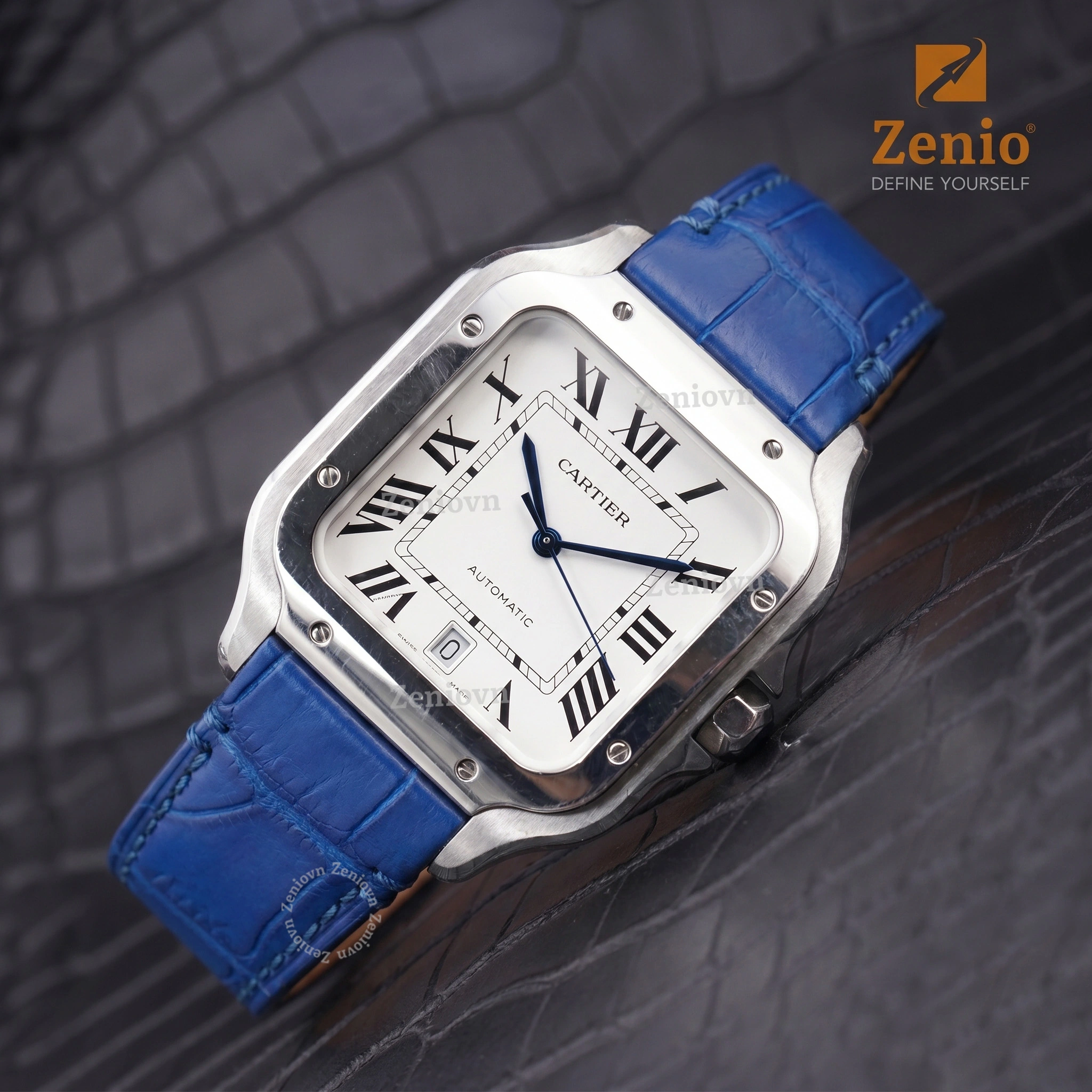 Dây đồng hồ Da cá sấu Màu Xanh Royal Blue thay thế cho Cartier Santos (4)