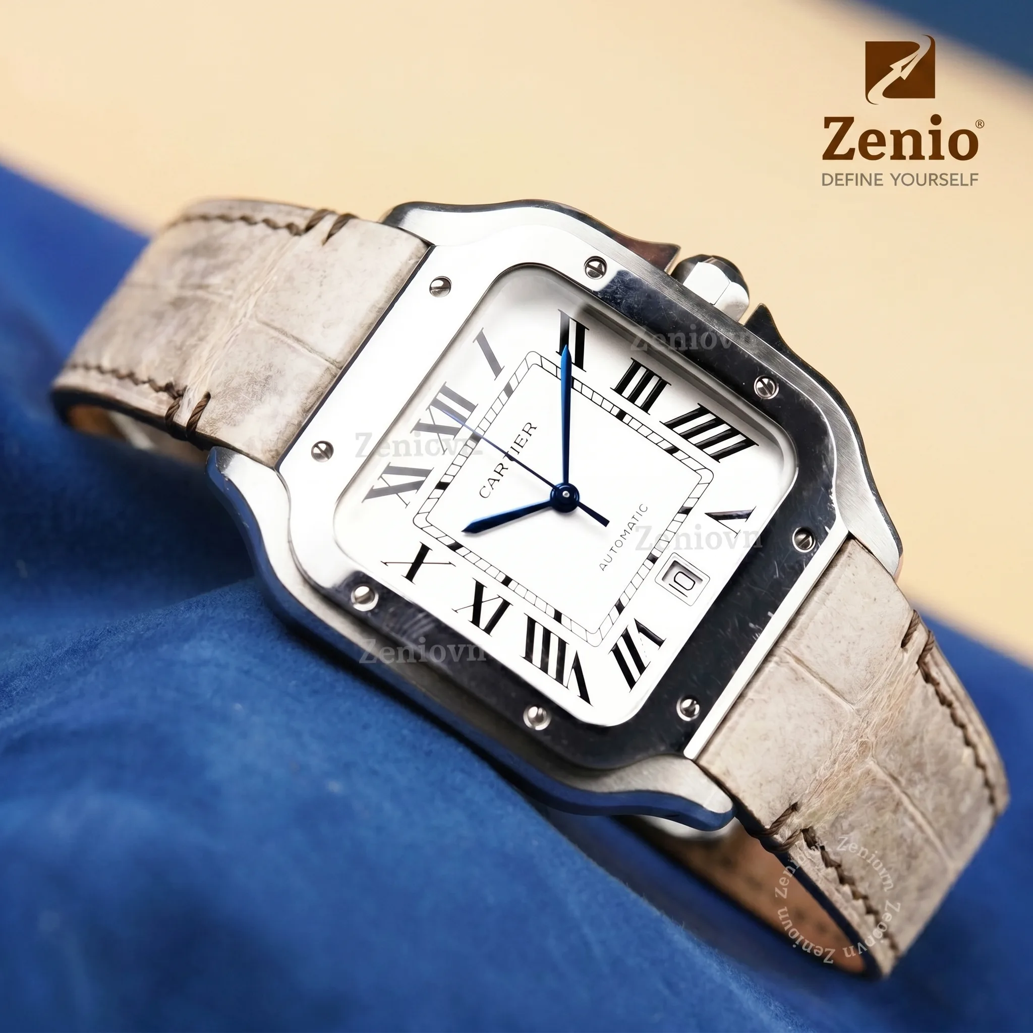 Dây đồng hồ Da cá sấu Màu Xanh Royal thay thế cho Cartier Santos (2)