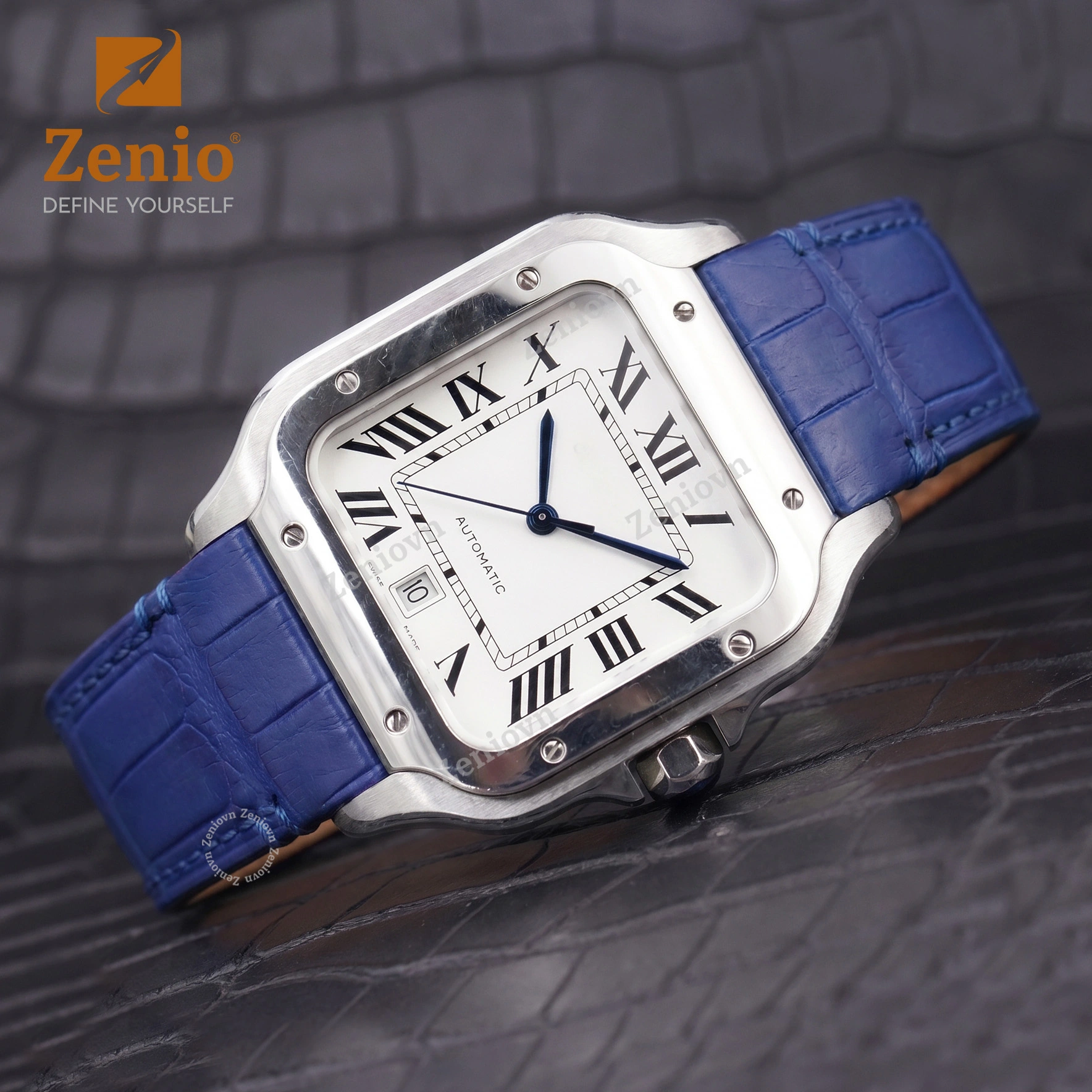 Dây đồng hồ Da cá sấu Màu Xanh Royal thay thế cho Cartier Santos (2)