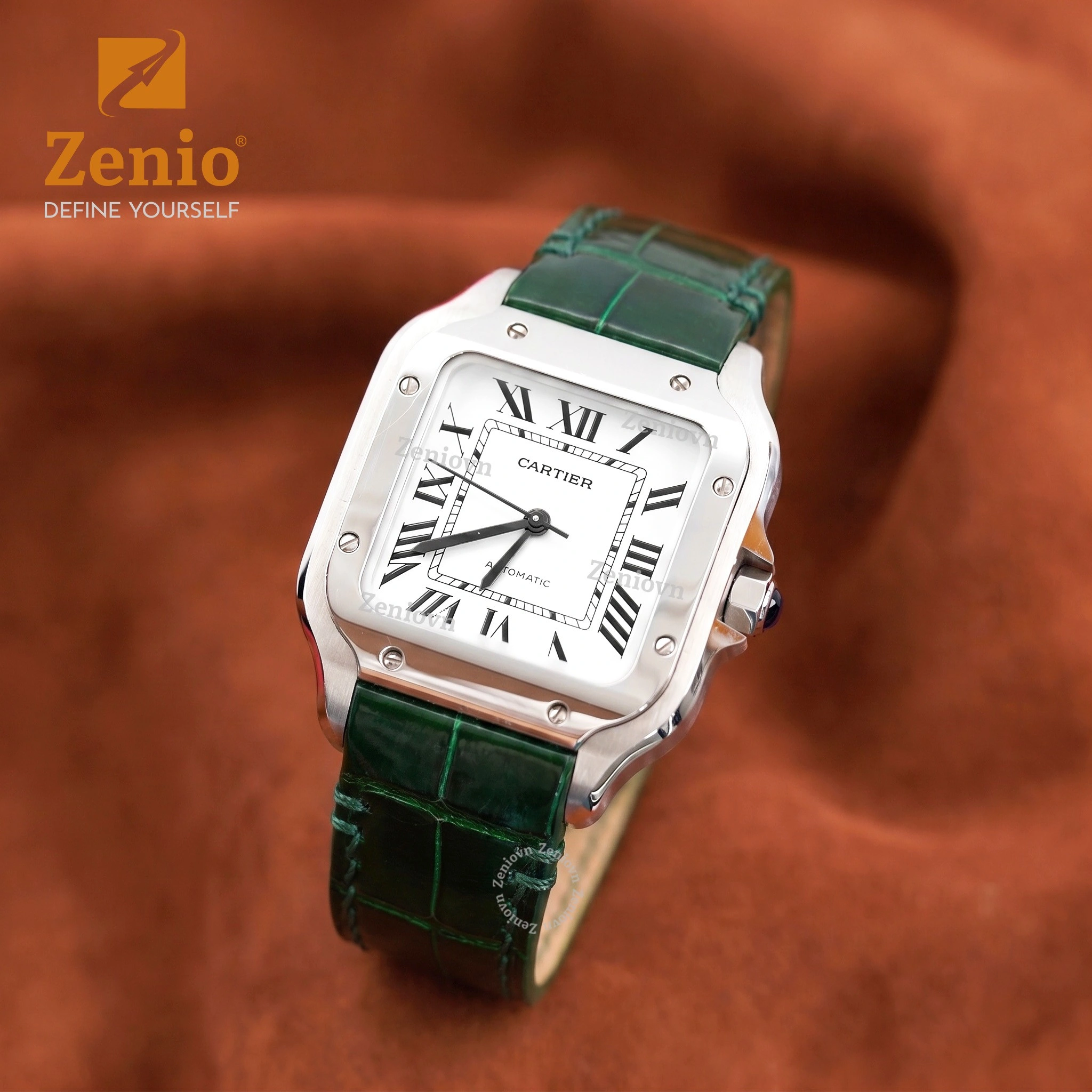 Dây đồng hồ Da cá sấu Màu xanh thay thế cho Cartier Santos 2