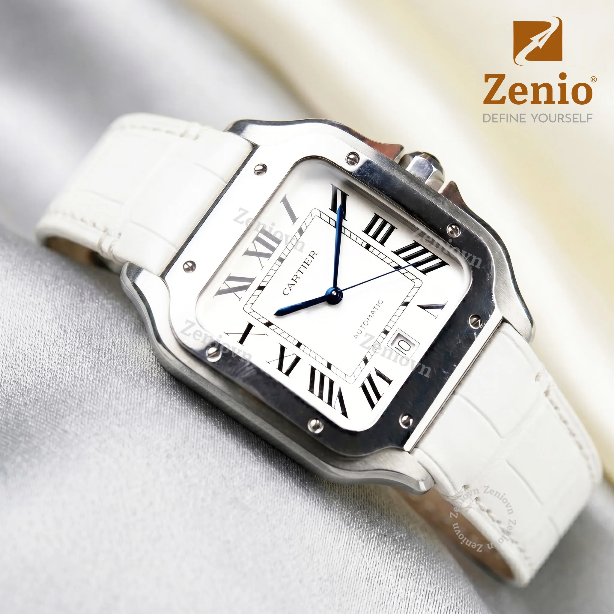 Dây đồng hồ Da cá sấu màu Trắng thay thế cho Cartier Santos (3)