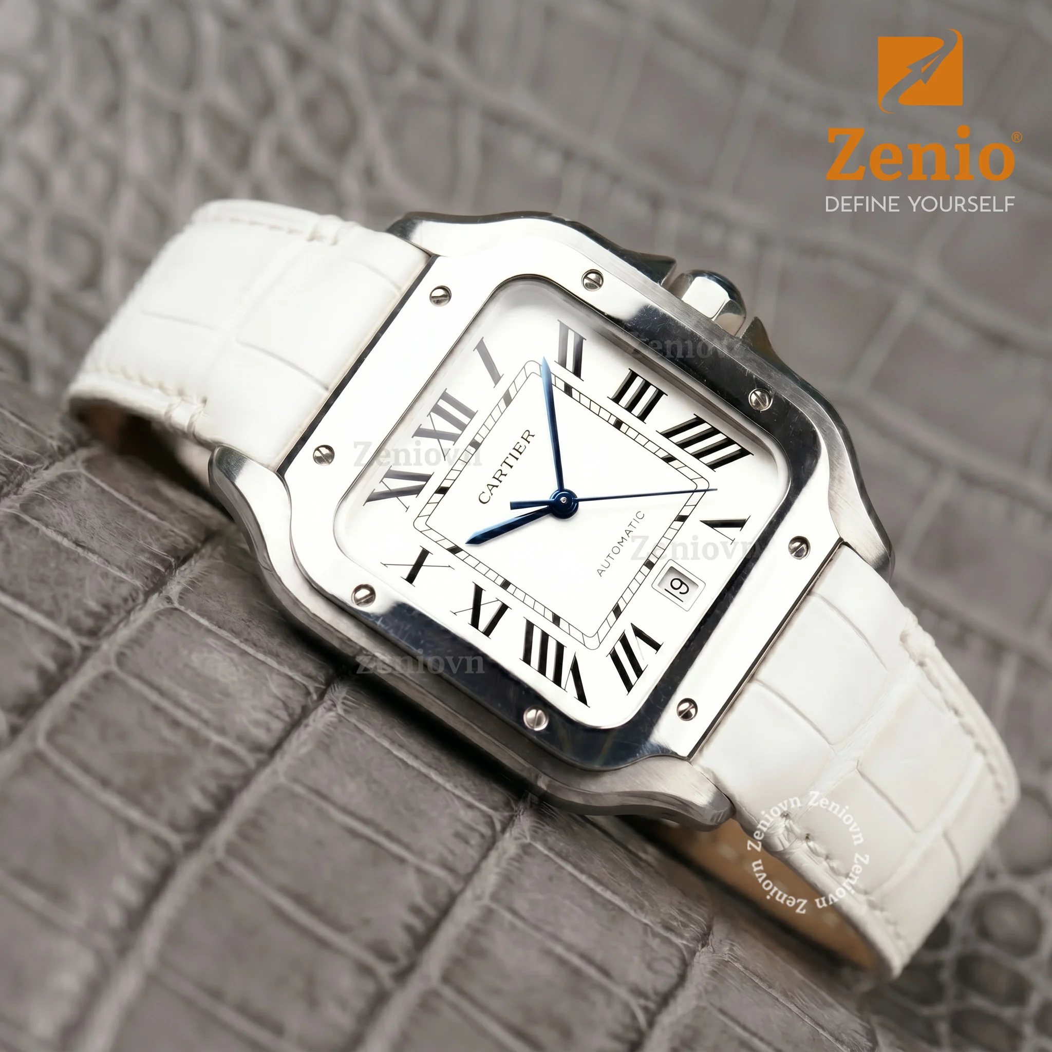 Dây đồng hồ Da cá sấu màu Trắng thay thế cho Cartier Santos (4)