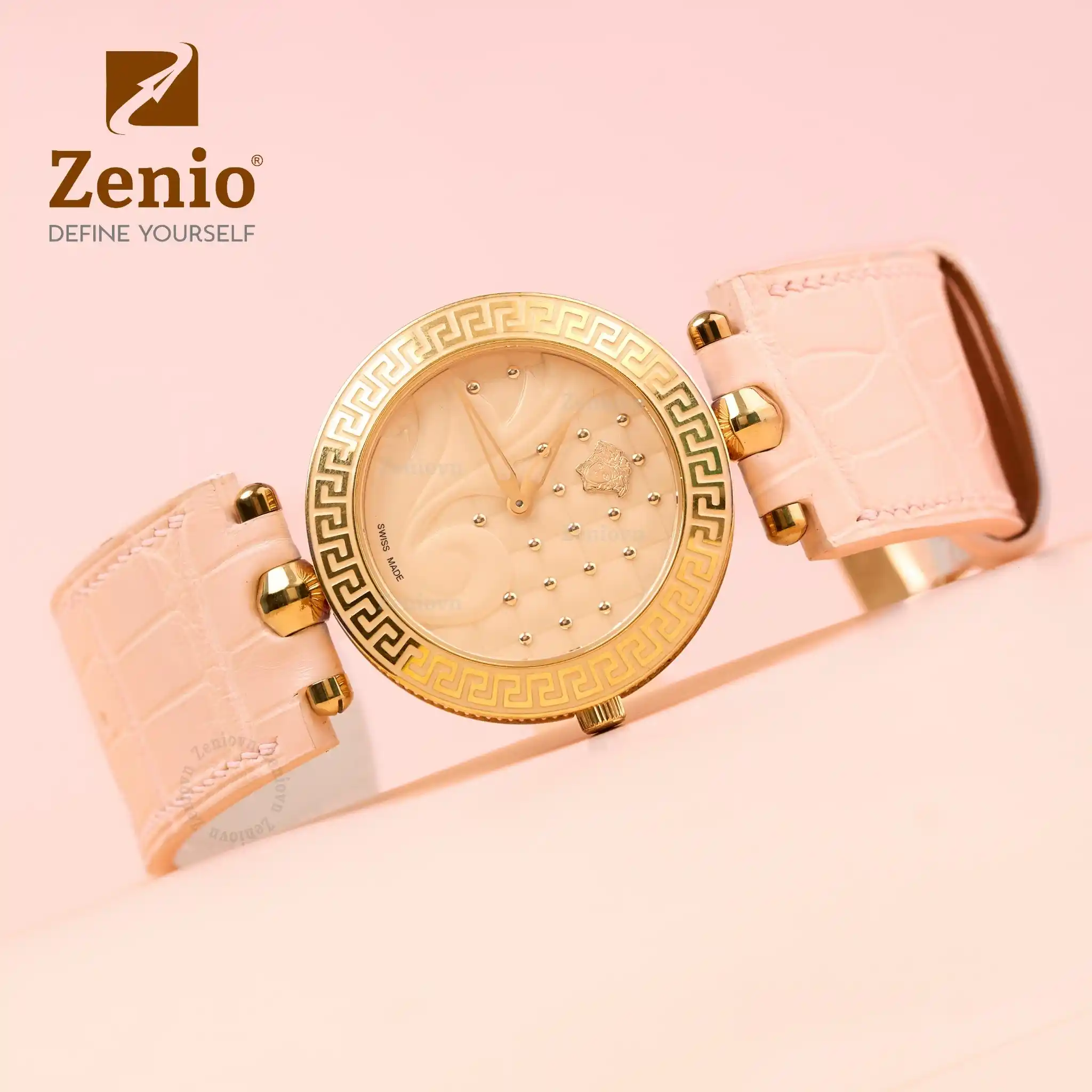 Dây da đồng hồ thay thế cho Versace Vanitas - Dây da đồng hồ Cá sấu màu Hồng lót FKM màu Xám