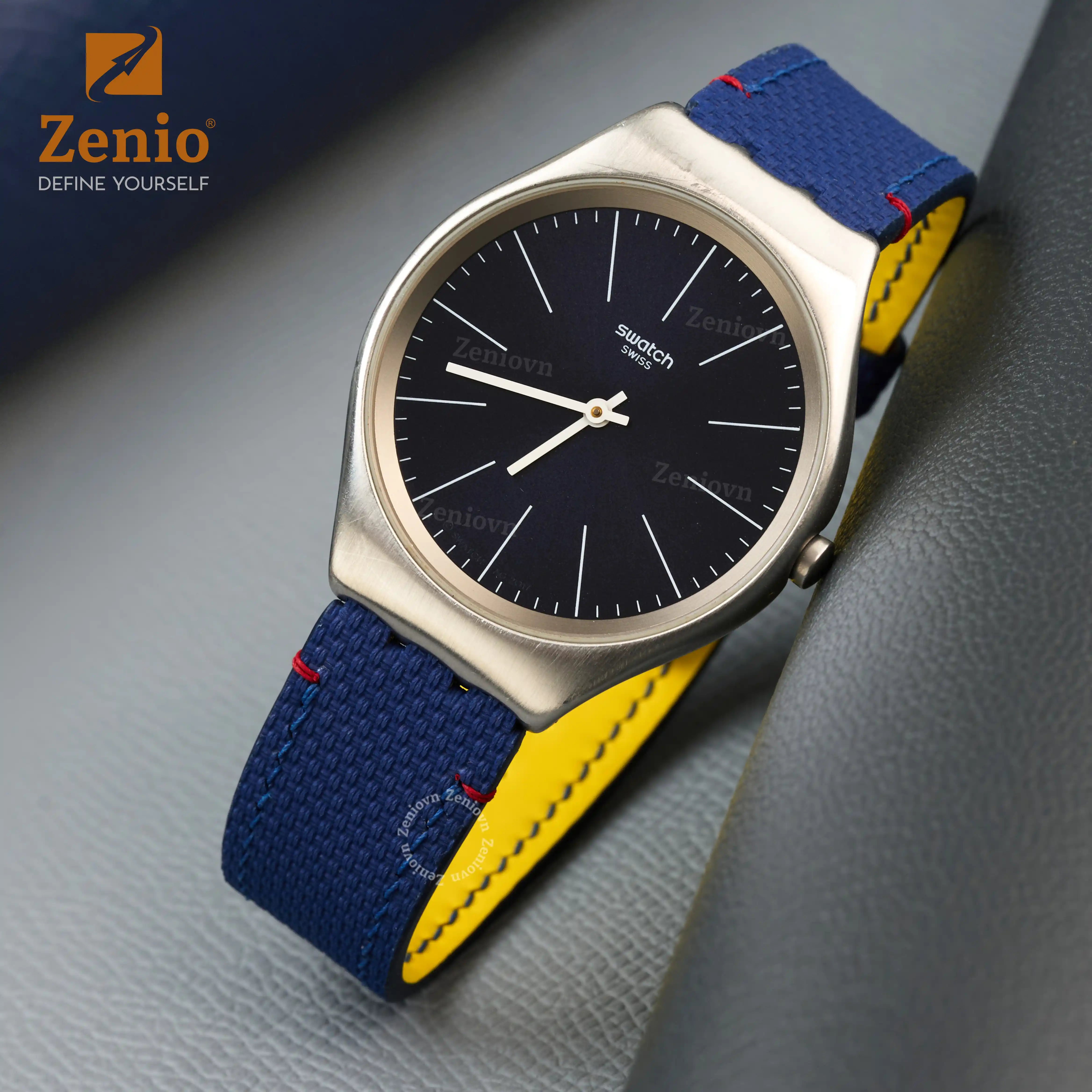 Dây da đồng hồ thay thế cho Swatch Skinblueiron- Dây da đồng hồ FKM màu Navy lót vàng